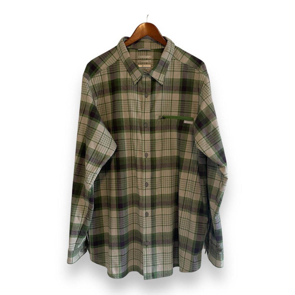 Columbia Omni-Wick Omni-Shade Green Plaid Button Up Shirt Mens XXL Long Sleeve